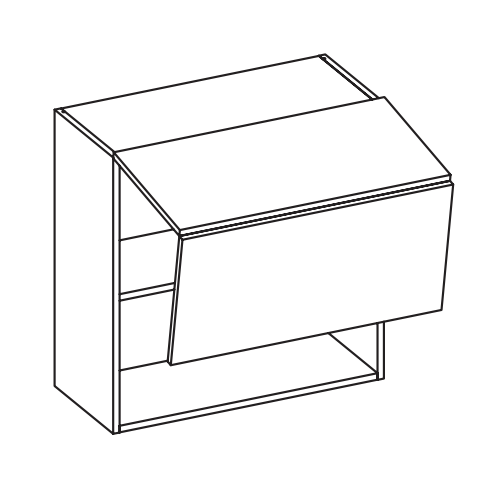 Line art of a cabinet with a downward-opening door and shelves.